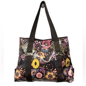 Lilu brown pink multicolored tote bag floral medium purse wax coated canvas